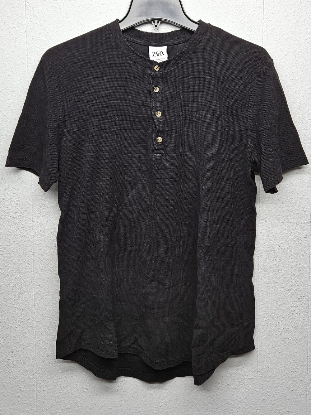 Y2K Vintage ZARA Waffle Knit Henley Shirt Top Mens M Casual Dark Boho Minimalist